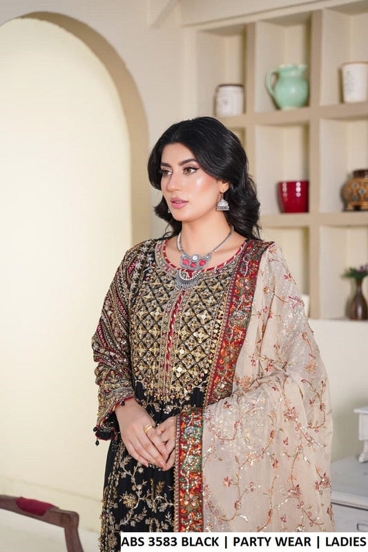 ABS 3583 BLACK - Black Chiffon 3-Piece Women's Plazo Suit Pakistani Fashion