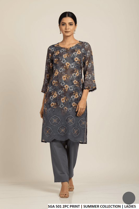 Lawn straight printed shirt - Pakistani women's casual summer outfit with cotton trouser and 2-piece dupatta front view