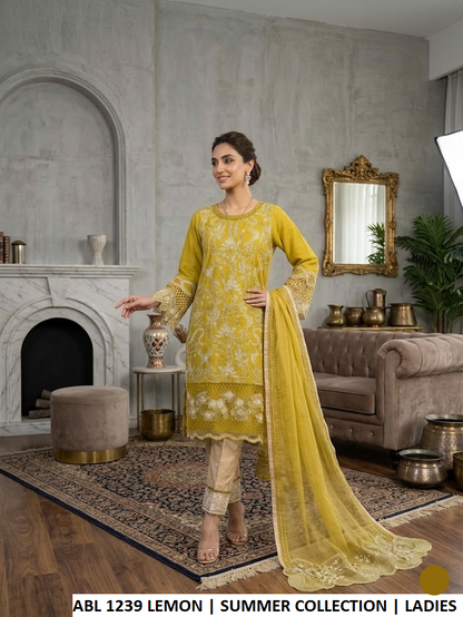 Pakistani women's lemon yellow cotton A-Line shirt plazo detail view