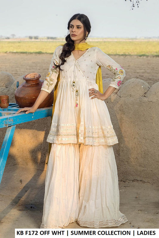 KB F172 OFF WHITE - Off White 3-Piece Embroidered Cotton Pakistani Suit for Women