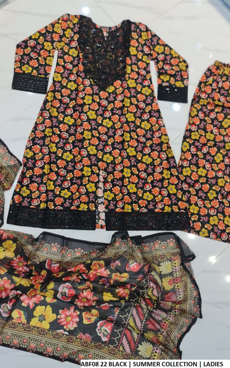 Pakistani women's lawn long frock plazo printed casual outfit back view