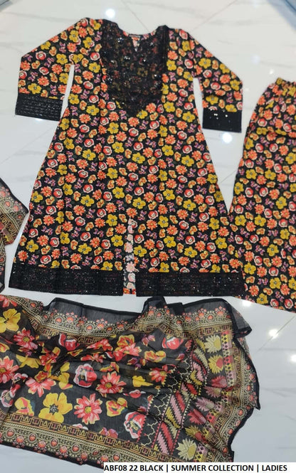 Pakistani women's lawn long frock plazo printed casual outfit back view