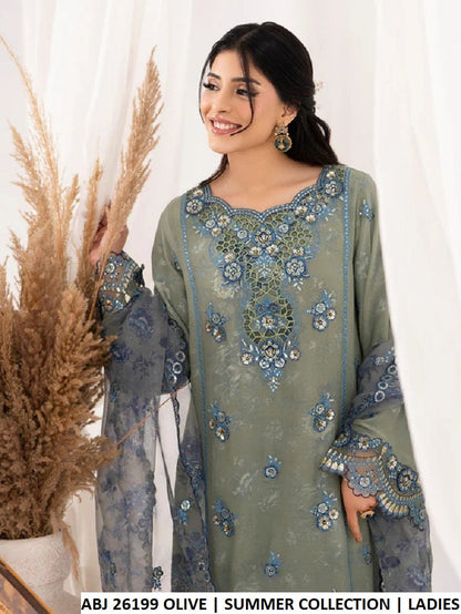 ABJ 26199 OLIVE GREEN - Olive Green Chiffon Straight 3-Piece Women's Pakistani Suit