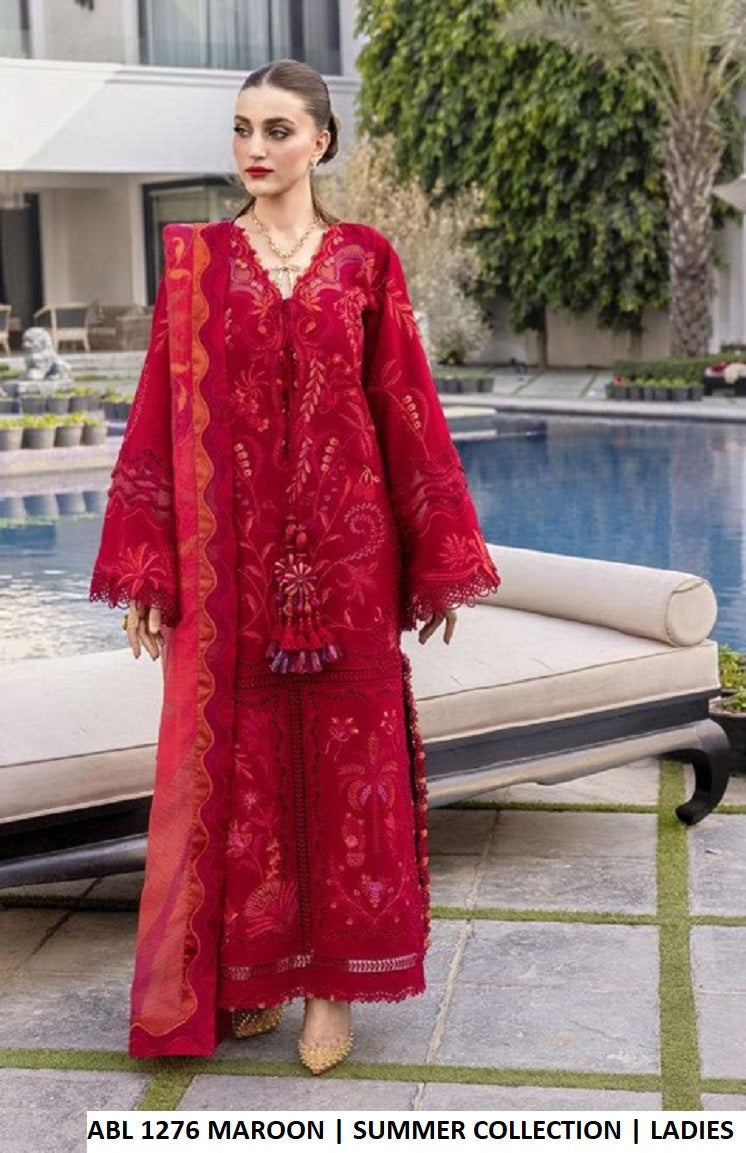 ABL 1276 MAROON - Maroon Cotton A-Line 3-Piece Women's Pakistani Suit