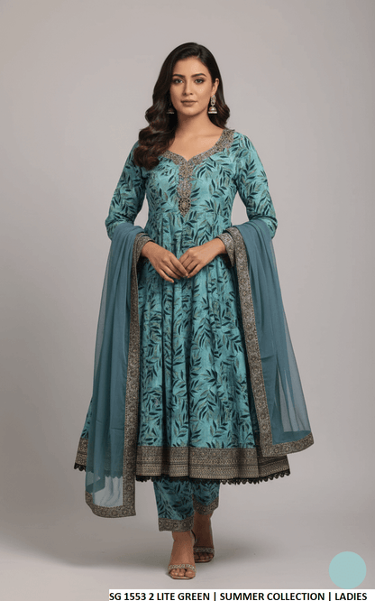 Lawn long frock printed - Pakistani women's summer casual outfit with lawn trouser and chiffon dupatta front view