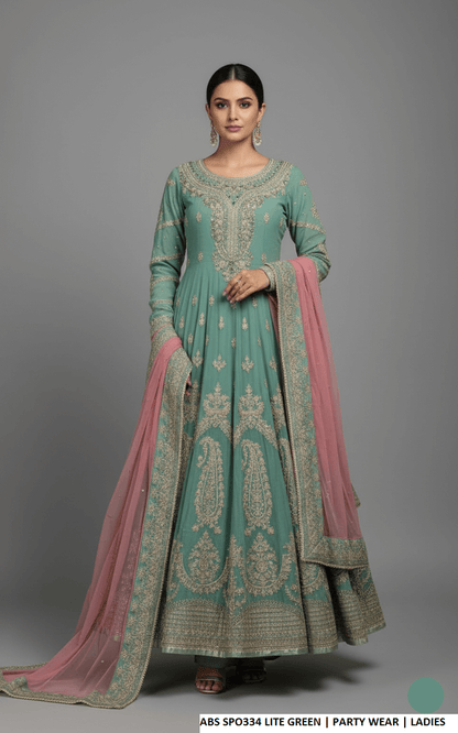 Chiffon straight shirt plazo light green - Pakistani women's party wear with grip plazo and organza dupatta front view