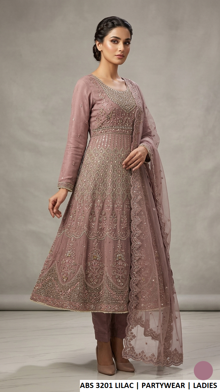 ABS 3201 LILAC - Lilac Chiffon Long Frock 3-Piece Ladies Pakistani Suit