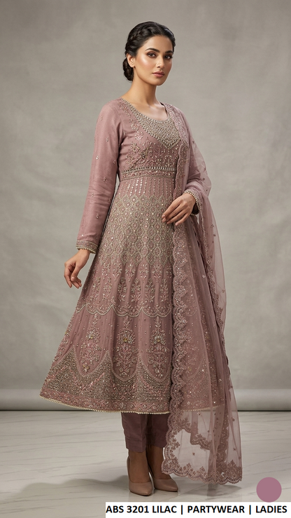 ABS 3201 LILAC - Lilac Chiffon Long Frock 3-Piece Ladies Pakistani Suit