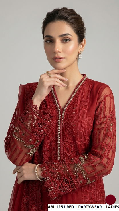 Red soft net Pakistani women's straight shirt with digital printed trouser side view