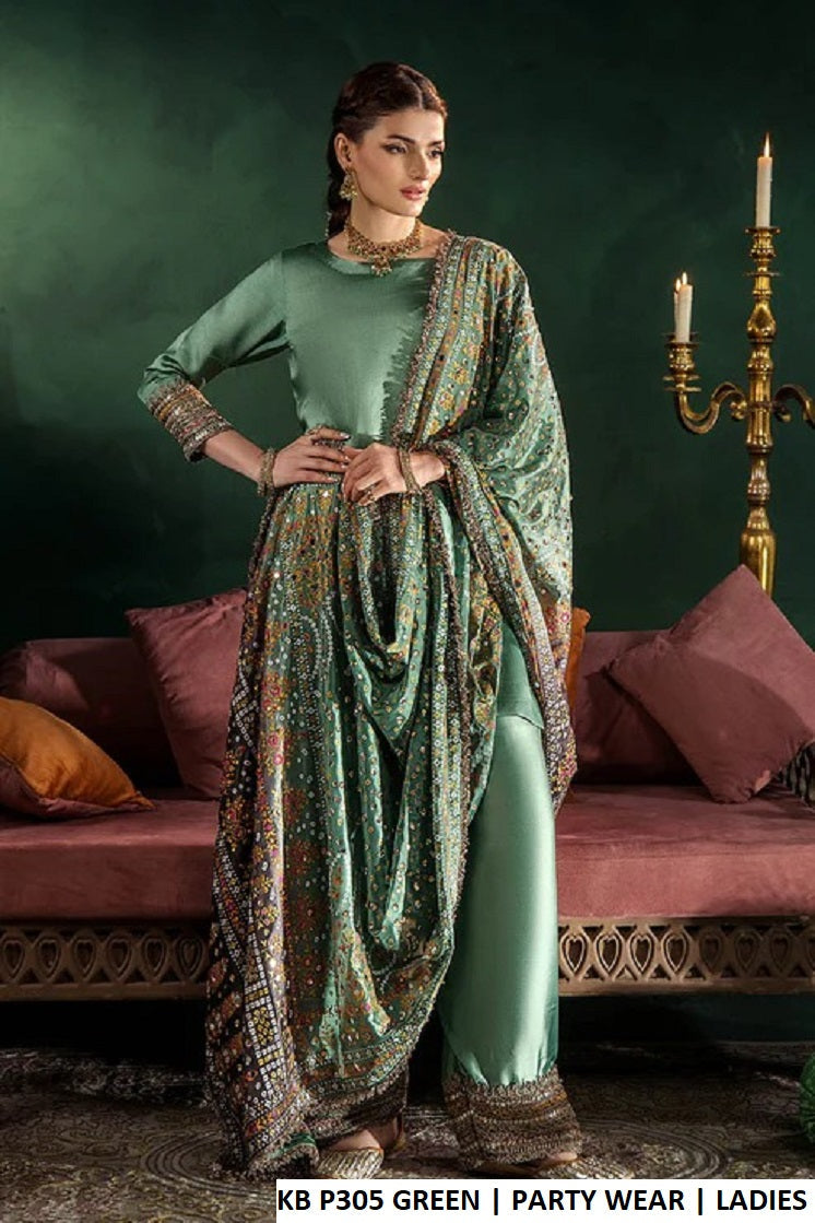 Gloss silk straight shirt farshi shalwar tealish green - Pakistani women's luxury formal wear with chermeuse silk dupatta front view