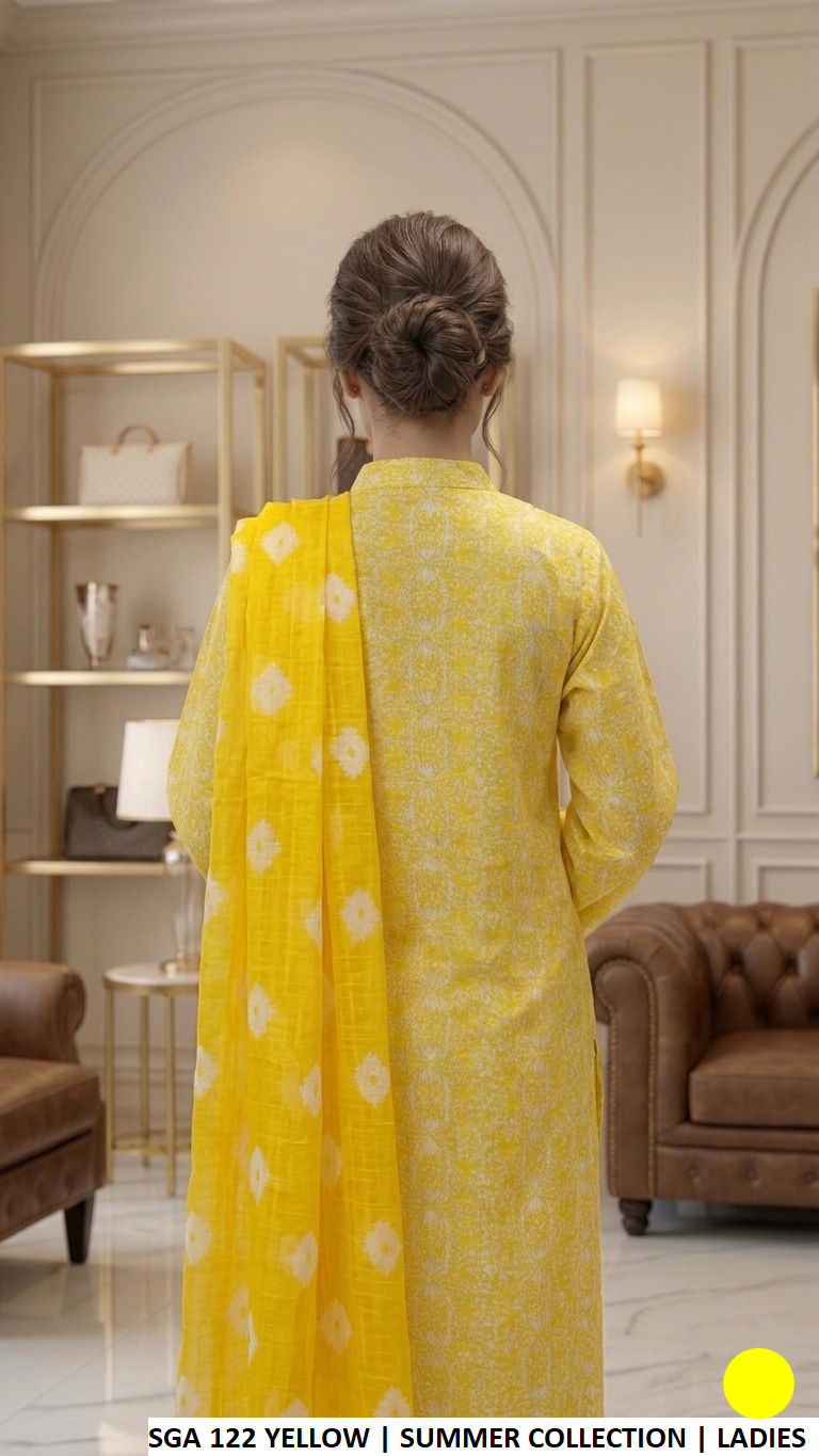 SGA 122 YELLOW - Yellow Lawn 3-Piece Women's Plazo Suit Pakistani Fashion