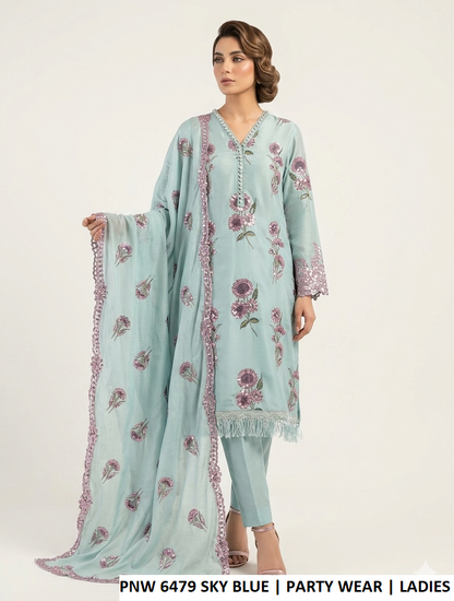 PNW 6479 SKY BLUE - Sky Blue Chiffon 3-Piece Women's Plazo Suit Pakistan