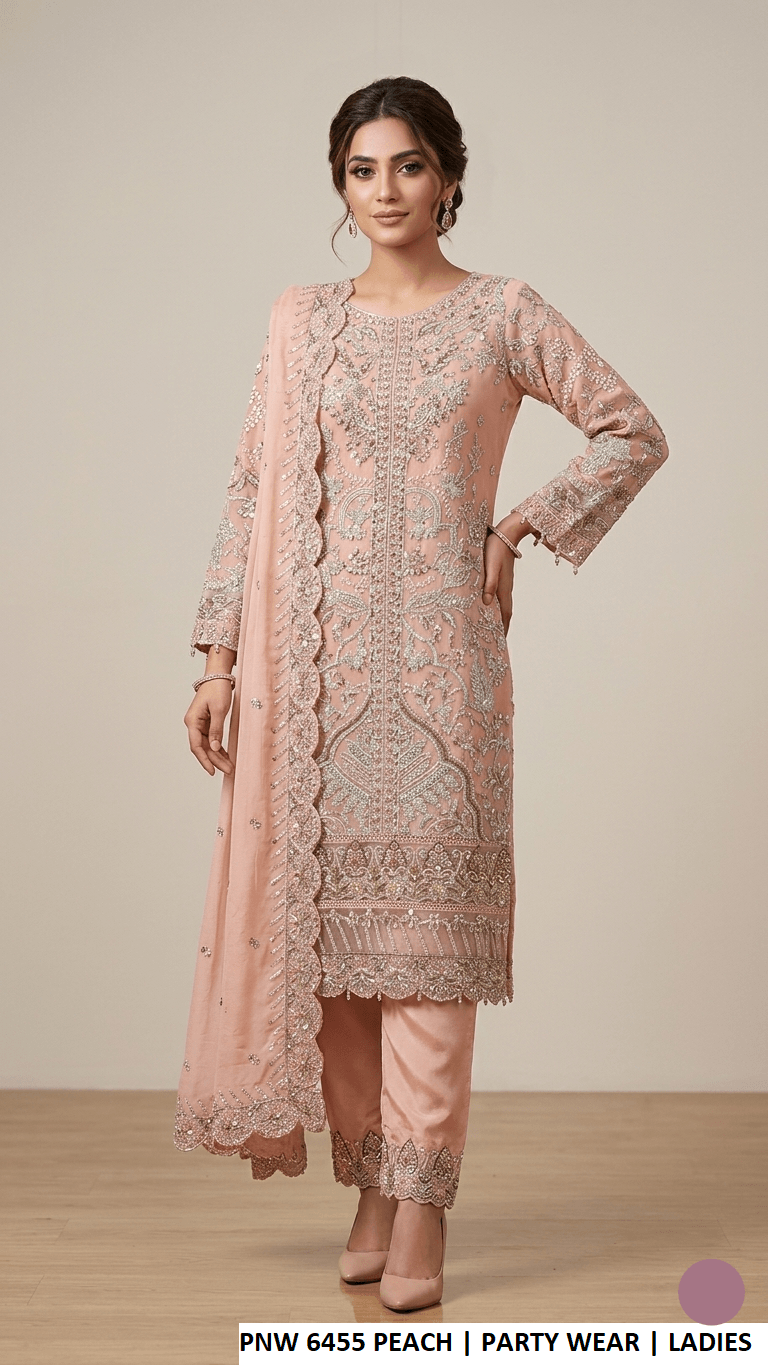 Chiffon straight shirt PNW 6455 PEACH - Pakistani women's elegant party wear with grip trouser and chiffon dupatta front view