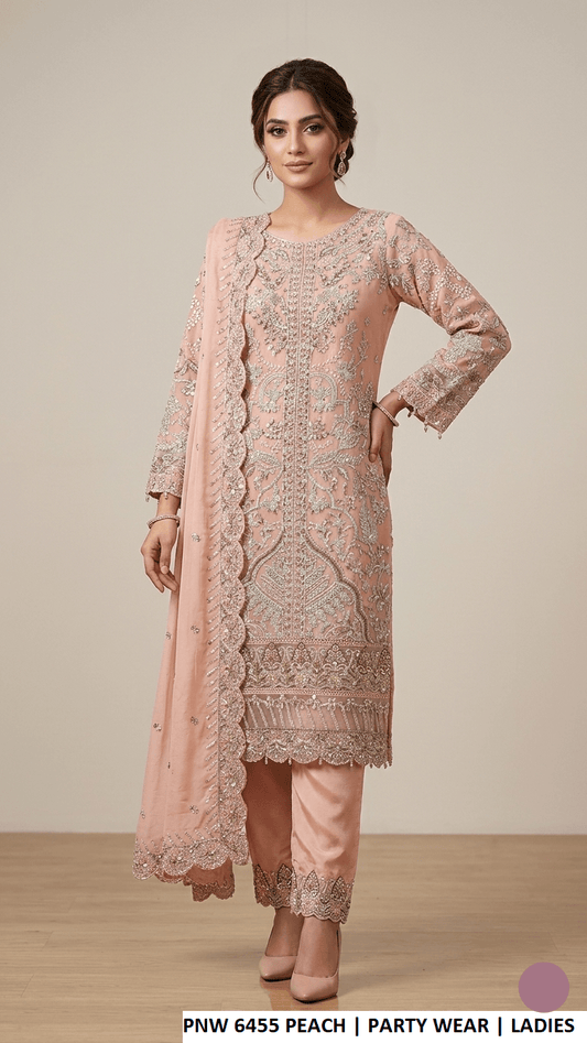 Chiffon straight shirt PNW 6455 PEACH - Pakistani women's elegant party wear with grip trouser and chiffon dupatta front view