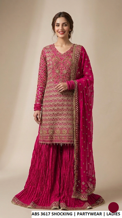 ABS 3617 SHOCKING PINK - Shocking Pink Chiffon Straight 3-Piece Women's Pakistani Suit