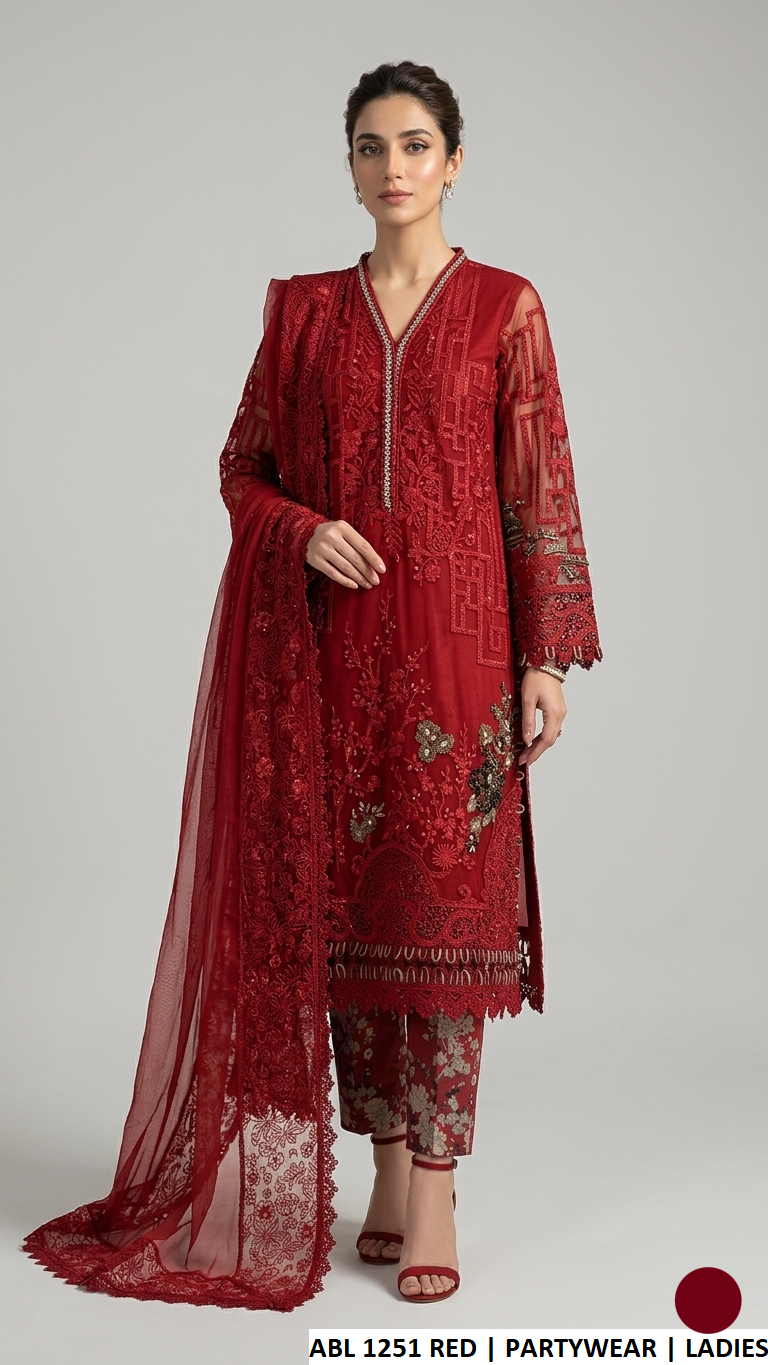 Soft net straight shirt red - Pakistani women's elegant outfit with digital printed trouser and crinkle chiffon dupatta front view