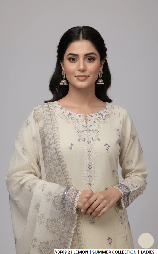 Cotton straight shirt farshi shalwar lemon yellow - Pakistani women's casual traditional outfit with digital print dupatta front view