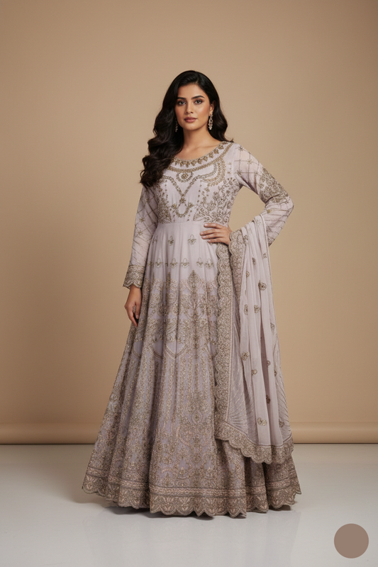 Chiffon long frock HE 1297 - Pakistani women's elegant formal wear with grip trouser front view