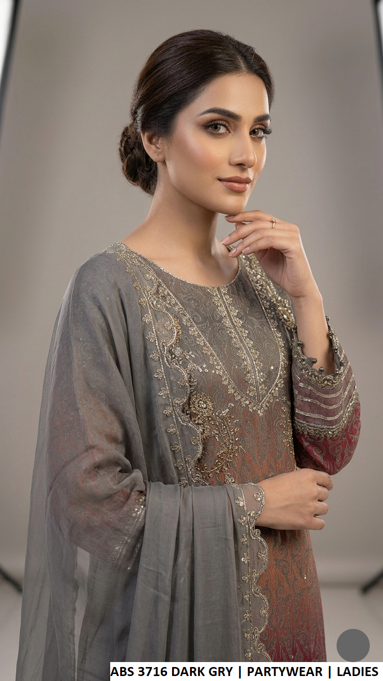 ABS 3716 DARK GREY - Dark Grey Chiffon Straight 3-Piece Women's Pakistani Suit