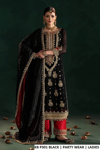 Crinkle chiffon long shirt black - Pakistani women's elegant formal wear with kattan silk trouser and crushed silk dupatta front view