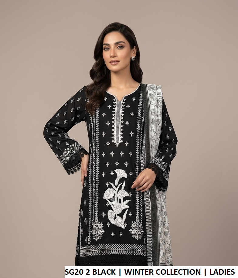Khaddar A-Line shirt black - Pakistani women's winter 3-piece suit with khaddar trouser and dupatta front view