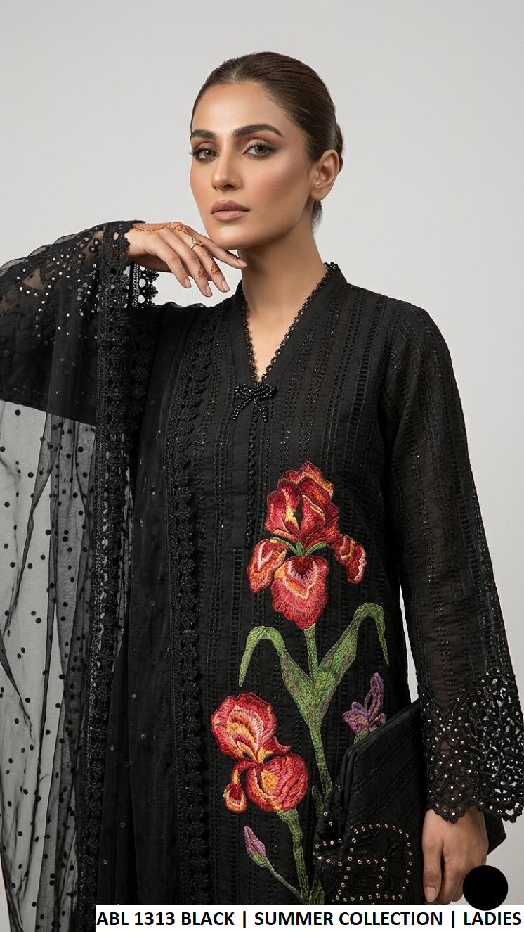 ABL 1313 BLACK - Black Lawn A-Line 3-Piece Women's Pakistani Suit