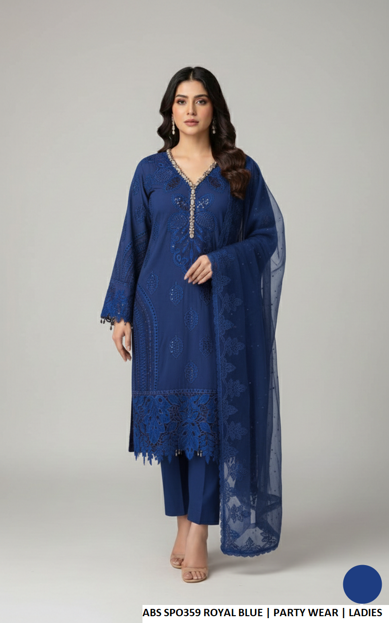 Chiffon straight shirt royal blue - Pakistani women's formal party wear with viscose trouser and chiffon dupatta front view