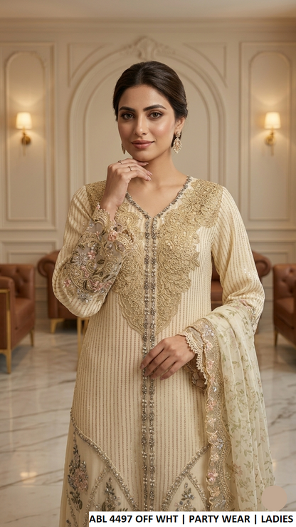 ABL 4497 OFF WHITE - Off White Chiffon 3-Piece Women's Plazo Suit Pakistan