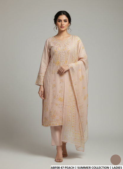 Cotton straight shirt peach - Pakistani women's casual everyday outfit with digital print dupatta front view