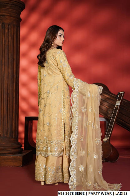 Pakistani women's beige soft net straight shirt plazo detail view