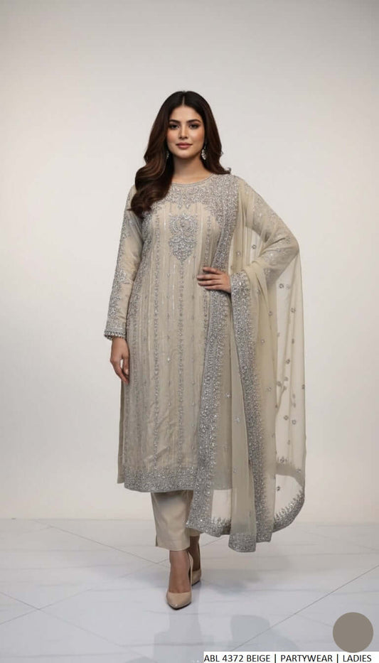 Silk straight shirt beige - Pakistani women's elegant formal wear with silk trouser and chiffon dupatta front view