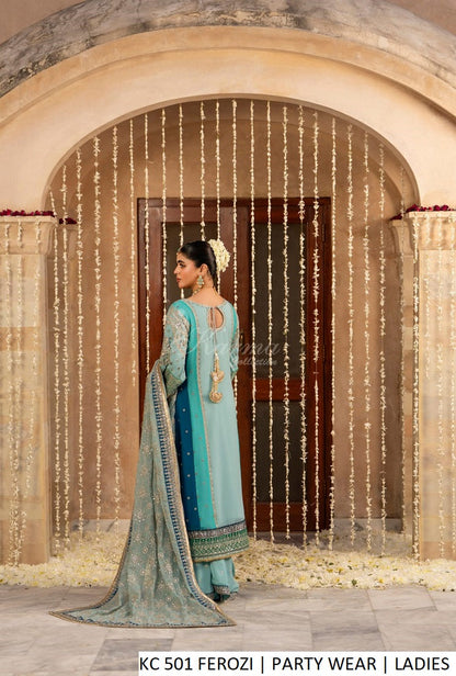 Pakistani women's ferozi chiffon long shirt back view