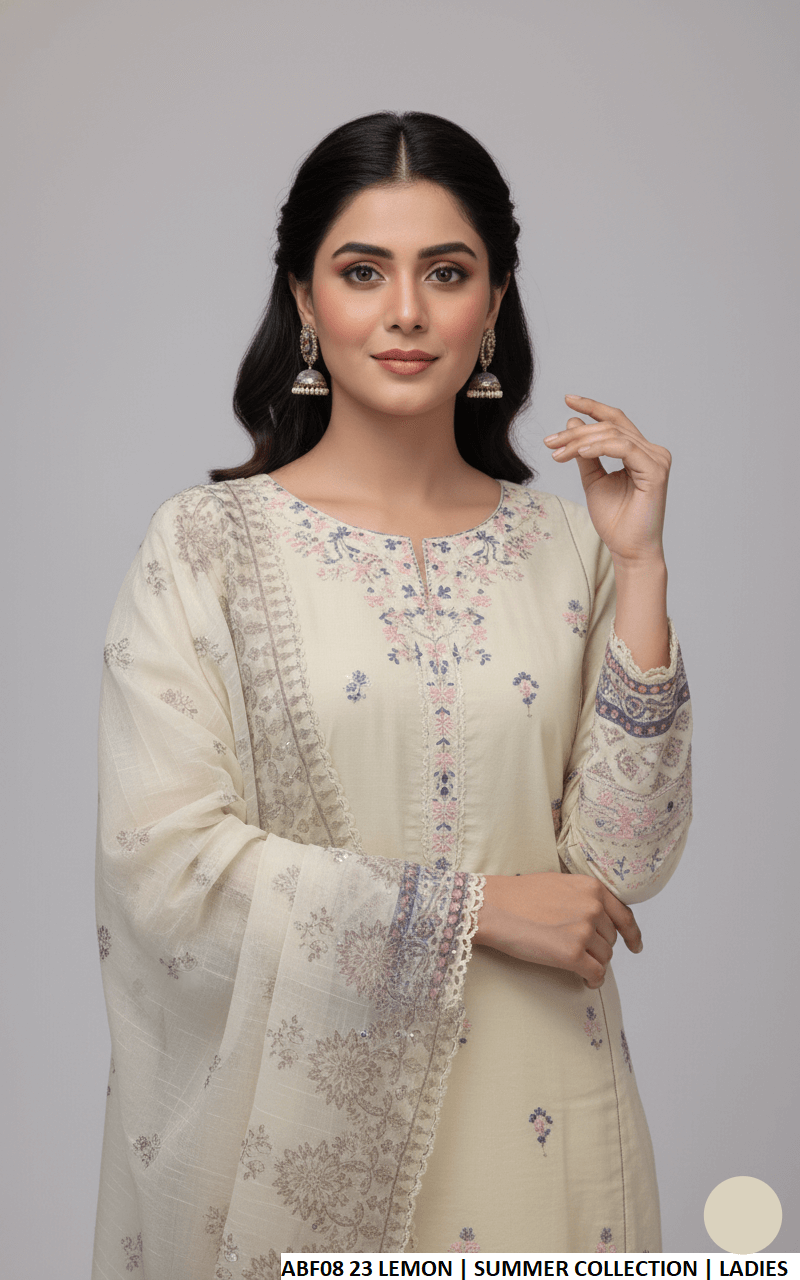 Lemon yellow cotton Pakistani women's straight shirt with farshi shalwar side view