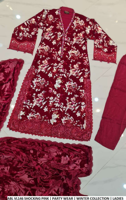 Pakistani women's shocking pink velvet A-Line shirt back view