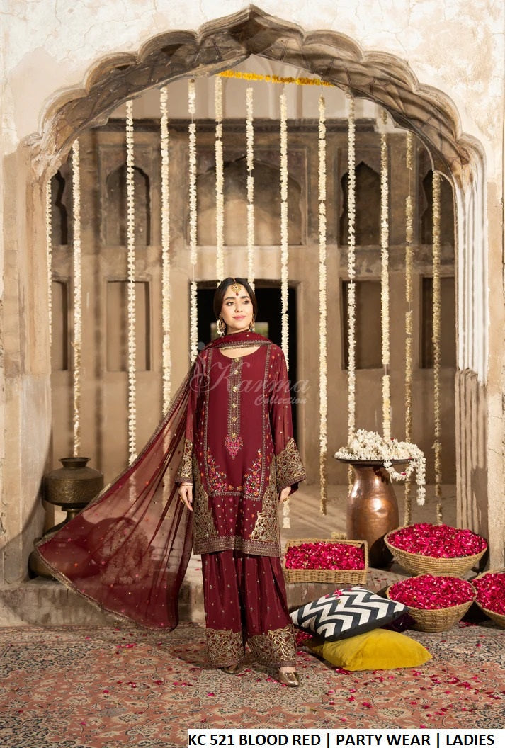 Georgette short shirt farshi shalwar blood red - Pakistani women's 3D embroidered festive outfit with chiffon dupatta front view