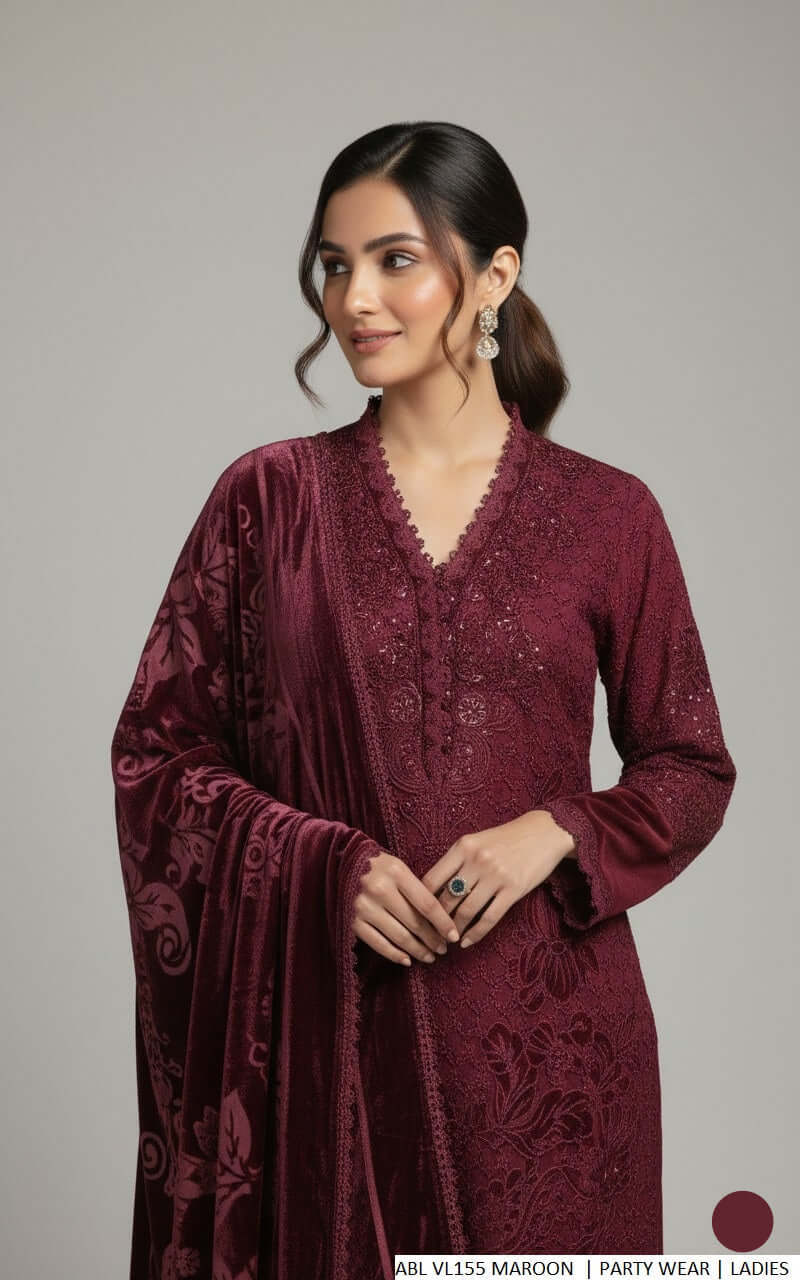 Maroon soft net Pakistani women's straight shirt side view