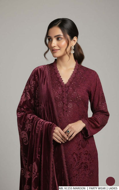 Maroon soft net Pakistani women's straight shirt side view