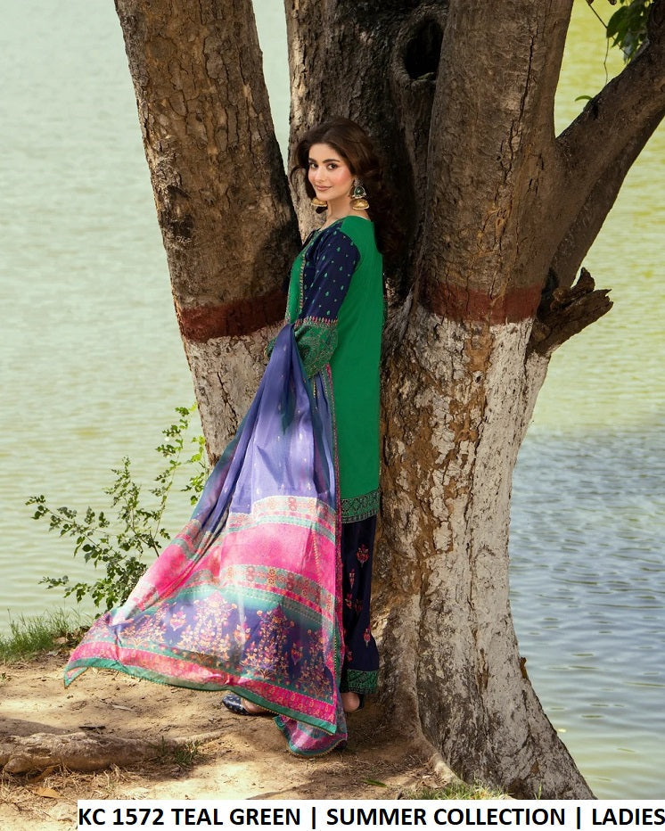 KC Sunehri 1572 Teal Green - Teal Green Silk 3-Piece Women's Ready to Wear Pakistani Suit