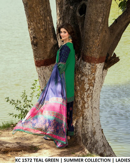 KC Sunehri 1572 Teal Green - Teal Green Silk 3-Piece Women's Ready to Wear Pakistani Suit