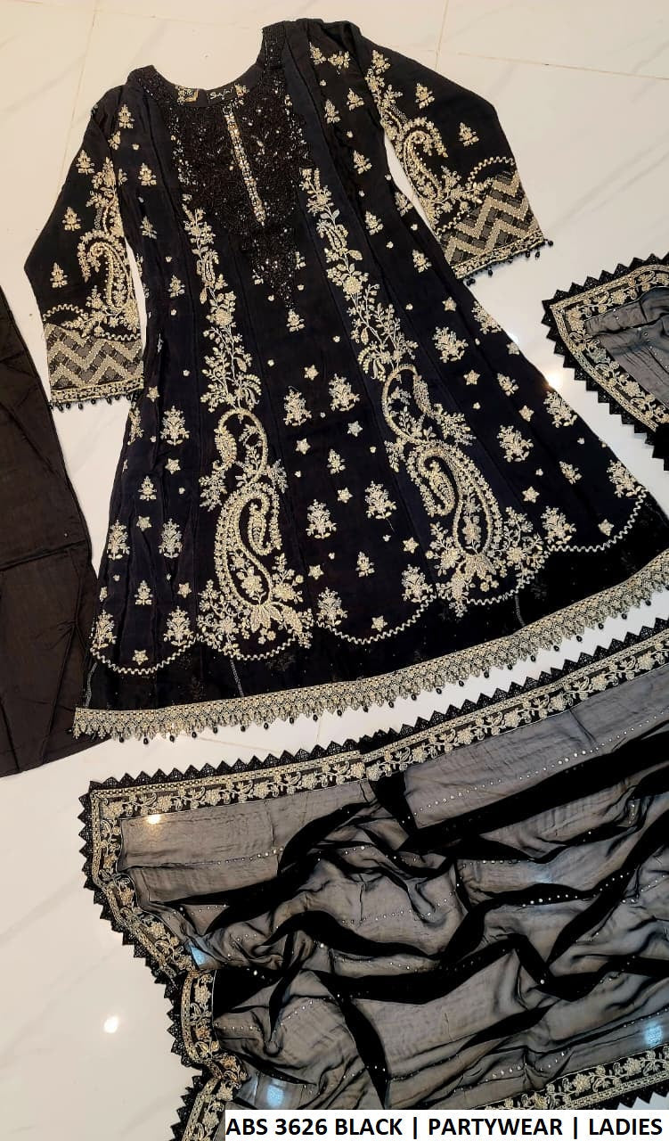 ABS 3626 BLACK - Black Frock-Style 3-Piece Women's Pakistani Suit