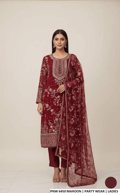 Chiffon straight shirt plazo maroon - Pakistani women's party wear with grip plazo and chiffon dupatta front view