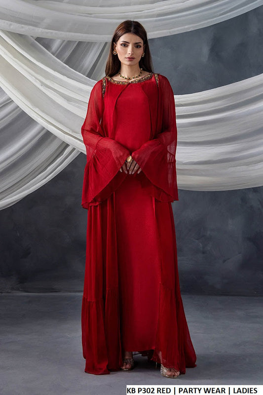 Chiffon open gown red - Pakistani women's luxury formal wear with silk trouser front view
