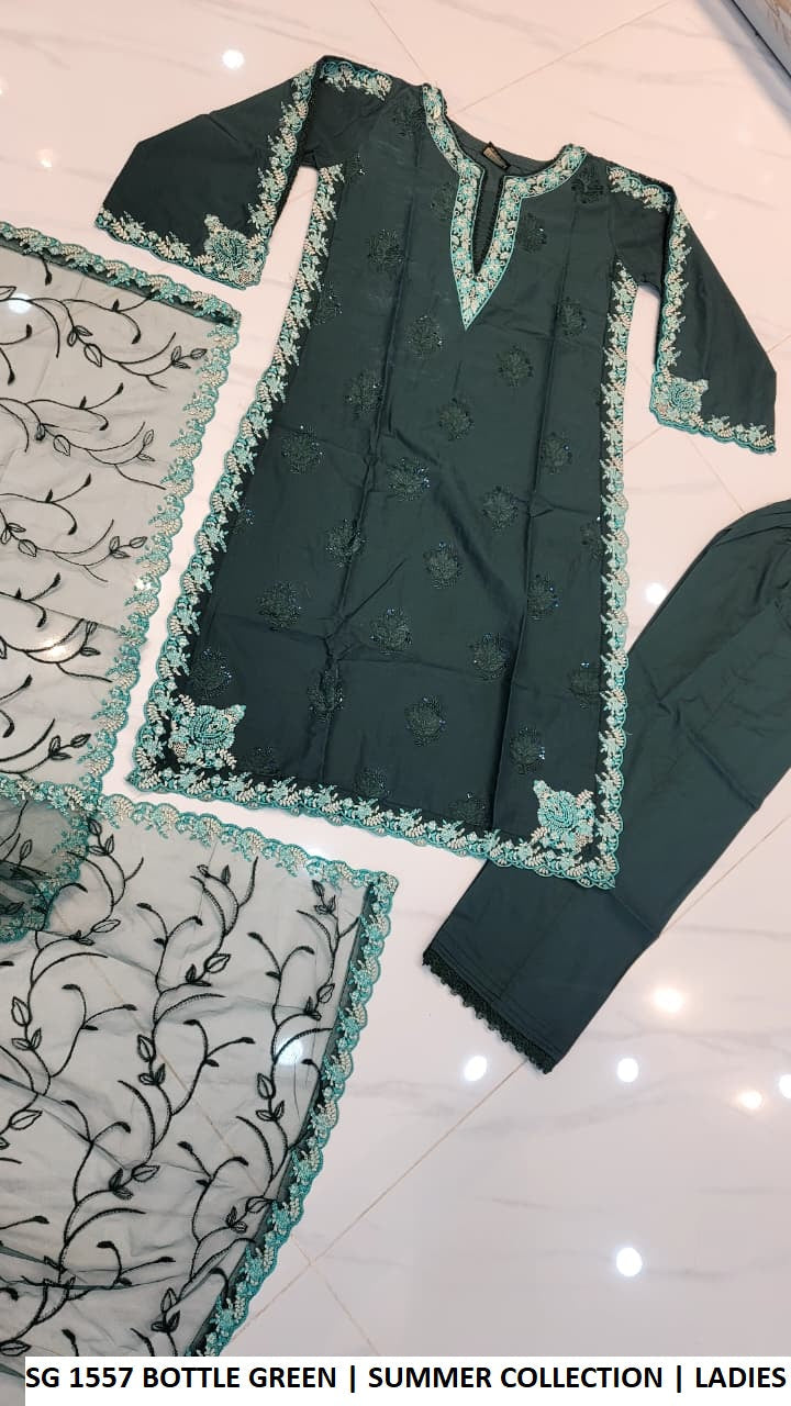 SG 1557 BOTTLE GREEN Pakistani women's lawn A-Line casual outfit back view