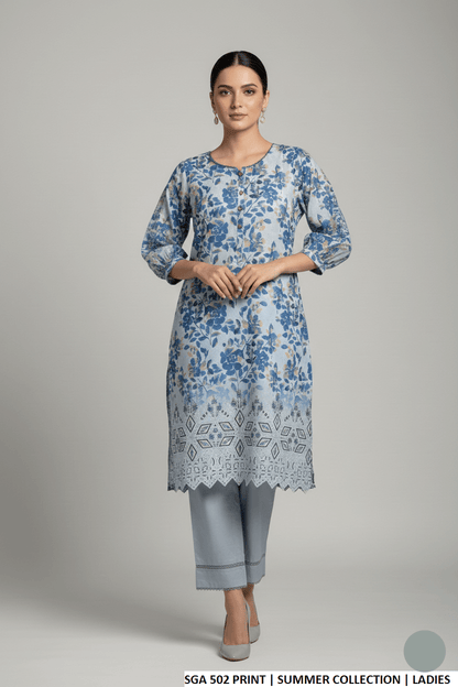 Lawn straight printed shirt - Pakistani women's casual summer outfit with cotton trouser and 2-piece dupatta front view