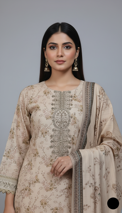 Lawn A-Line printed shirt - Pakistani women's casual summer outfit with cotton trouser and lawn dupatta front view
