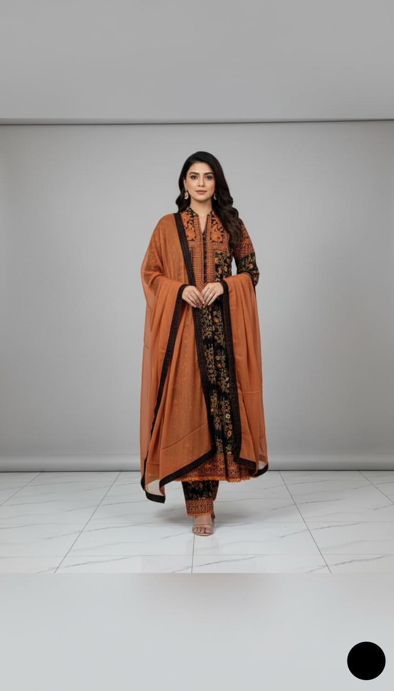 Lawn A-Line printed shirt - Pakistani women's casual summer outfit with cotton trouser and lawn dupatta front view