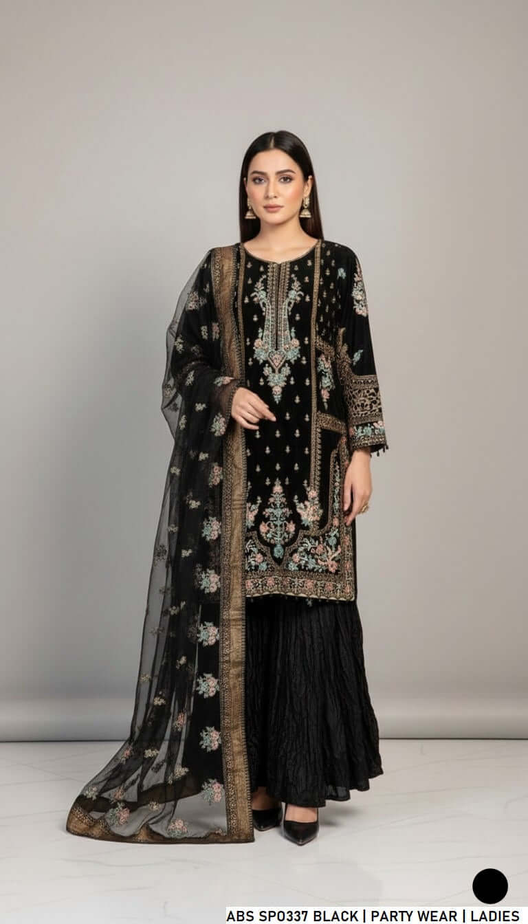 Organza straight shirt crush plazo black - Pakistani women's formal party wear with viscose trouser and organza dupatta front view
