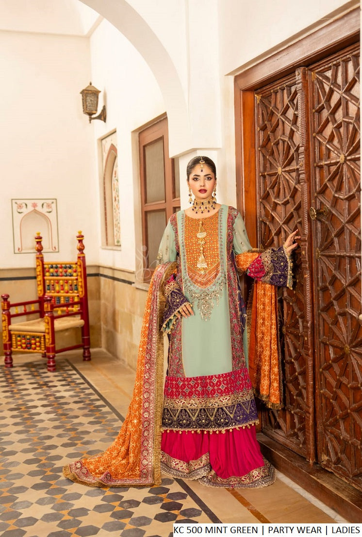Chiffon long shirt sharara mint green - Pakistani women's festive formal wear with matching chiffon dupatta front view