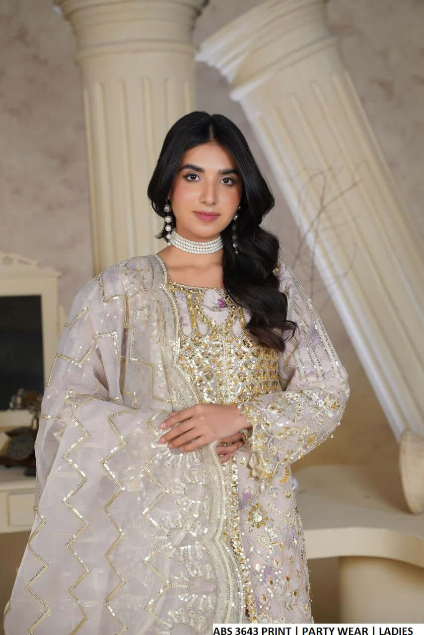 Pakistani women's organza open long printed shirt side view