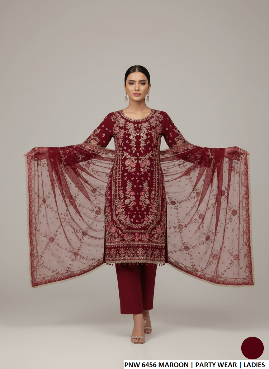 Pakistani women's maroon chiffon casual straight shirt back view